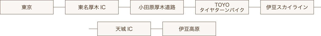 東京→東名厚木IC→小田原厚木道路→TOYOタイヤターンパイク→伊豆スカイライン→天城IC→伊豆高原